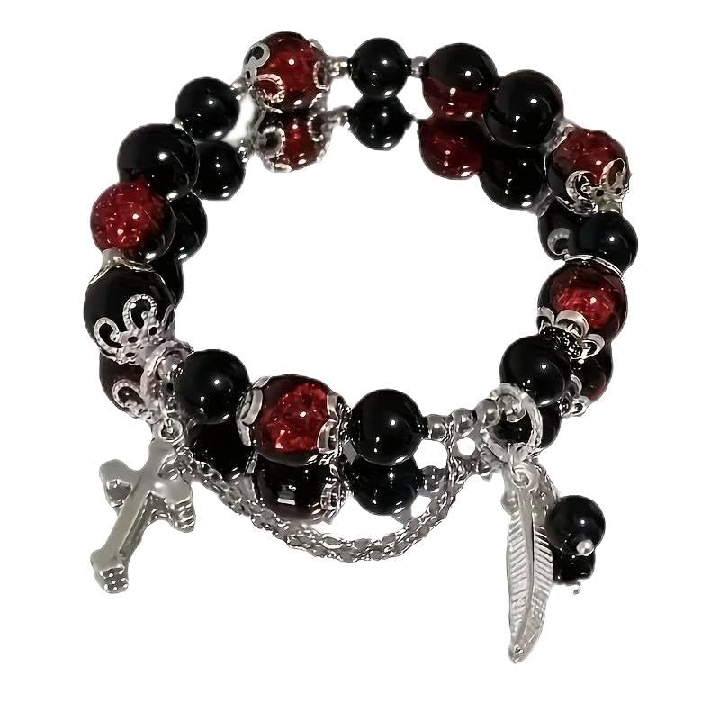 Women's Vintage Gothic Charm Bracelet with Glass Beads, Feather and Cross Pendant, Gothic Glass Bead Bracelet, Feather and Cross Charm Bracelet, Adjustable Charm Bracelet, Round Bead Bracelet