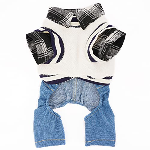 Hooddeal Dog Clothes Plaid Dog Shirt Dog Outfit Overalls Jeans Jumpsuit With Warm Sweater Vest Two-Piece Cool Puppy Clothes For Small Dogs Boy (Medium, Black-White) #TOP7
