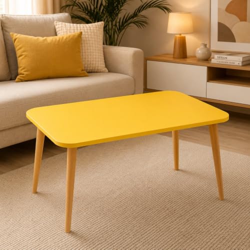 Image of Wooden Foldable Coffee Table - Rectangular Center Tea Table for Living Room & Bedroom, Easy Assembly with Solid Wooden Legs (Yellow)
