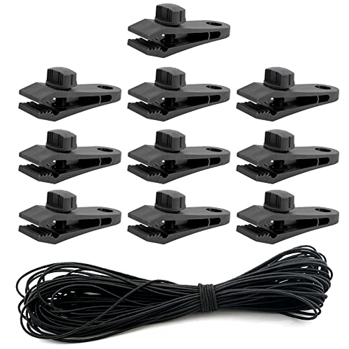 Tarpaulin Clips and Bungee Cord, Heavy Duty Tarp Clips Crocodile Mouth Tent Clips Multipurpose with Tighten Lock Grip Thumb Screw and 10 m / 32 ft Elastic Rope (Pack of 10 Clips)