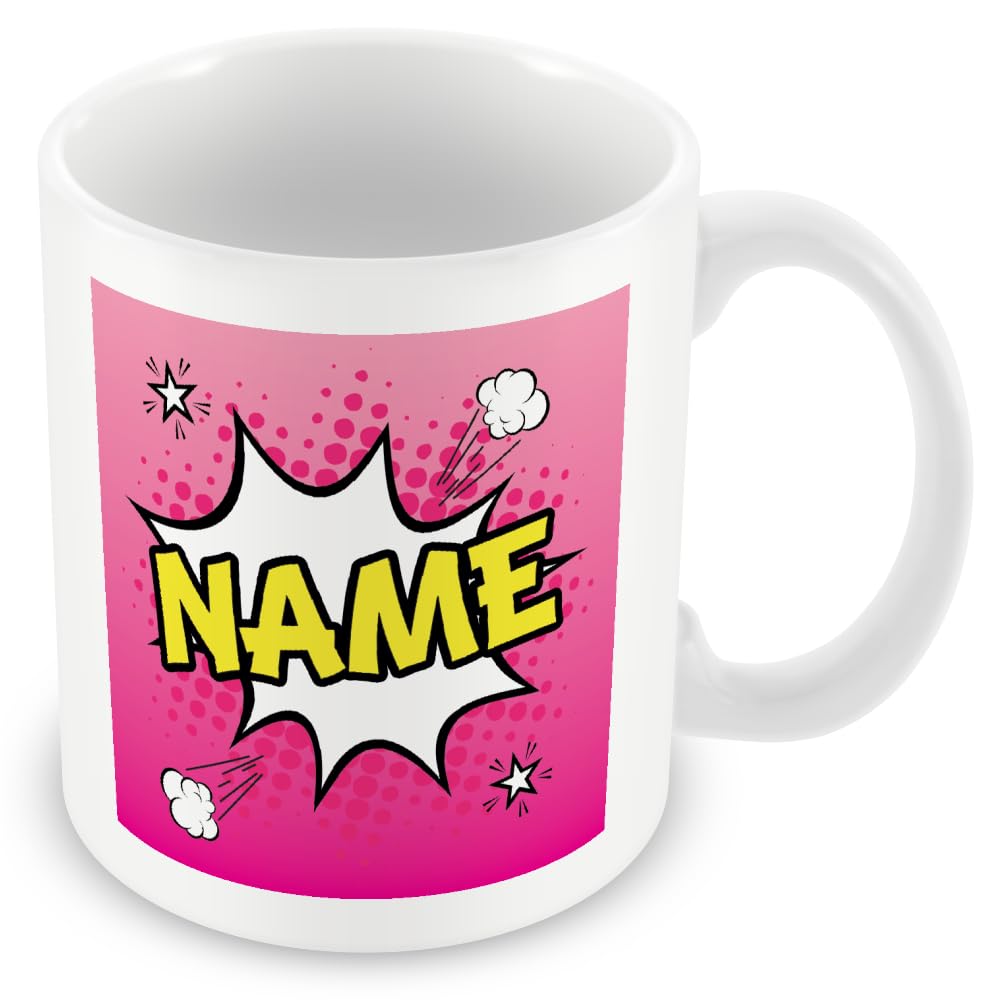 MUGGZ Personalised Custom Name Mug Gift – Pink Comic-Style Ceramic Coffee Cup, Dual-Sided Print, Dishwasher Safe, Unique Present for Birthdays, Teachers, Friends, Office, Secret Santa, Christmas — image 1