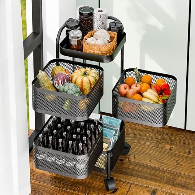 3/4/5 Tiers Kitchen Storage Cart,Rotating Trolley,Square Kitchen Trolley,Bathroom Shelf,Vegetable Storage Organizer,Fruit Basket Floor Stand Shelf & Tower for Living Room Office Four Layer-ttxaQ9X5