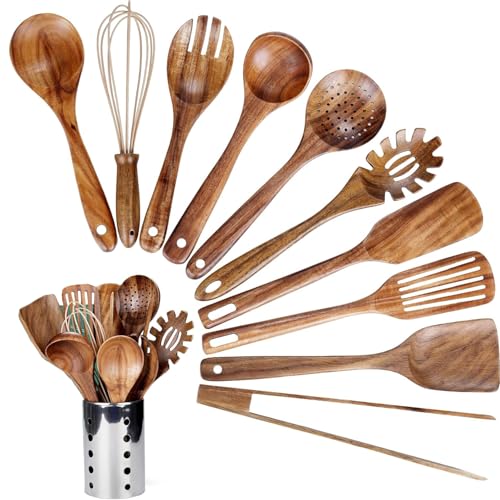 Wooden Kitchen Utensils Set Natural Teak Wooden Cooking Spoons & Tools with Cooking Spoons Turner Ladle & Holder Comfort Grip ملاعق خشبية للمطبخ