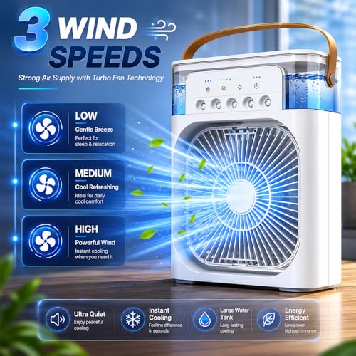 Image of Mini Cooler Fan for Room, Kitchen, Home & Office Desk | USB Cable, 3 Wind Speed Mode with Cooling Misting Fan (White)