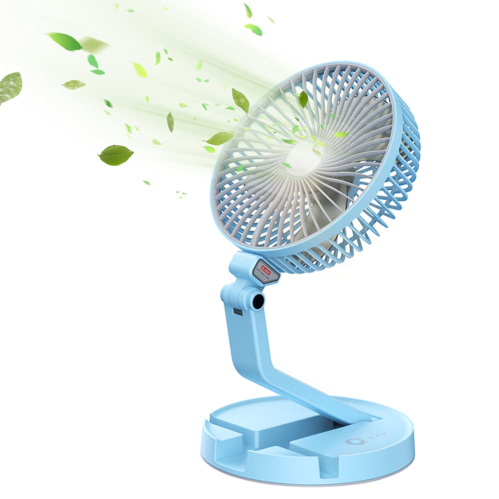Padom Desk Fan with Light, Foldable and Adjustable 3 IN 1 Table Fan With Light and Mobile Phone Holder, Combo Rechargeable Battery Powered, USB Folding Fan 3 Speeds 3 Light Brightness (BLUE)