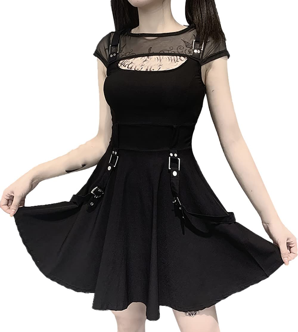 TSMNZMUWomen Gothic Mesh Mini Dress Black Harajuku Grunge Halter Dresses Sleeveless Aesthetic Alt Dress Y2K Emo Dress