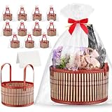 Weysat 12 Set Baskets for Gifts Empty Easter DIY Bulk Large Woven Bamboo Gift Basket Kit with Handle Wrap Bag Red Bow to Fill for Wedding Birthdays Party Wrapping (Red)