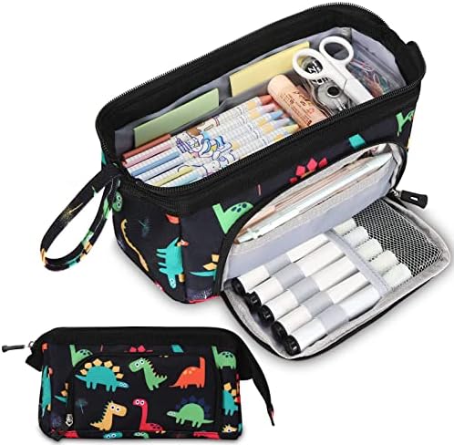 Unineovo Large Pencil Case for Girls Boys, Cute Dinosaur Black Pencil Pouch Big Capacity Pencil Organizer Bag, Students School Supplies Back to School Kids Gifts Teen Girls Boys Zipper Pen Box