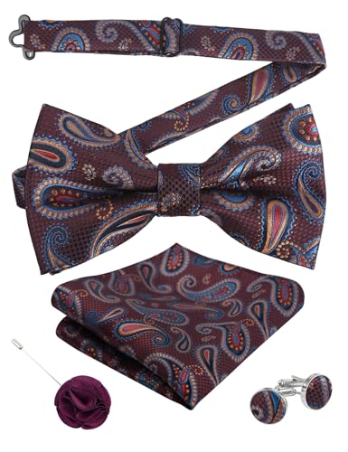 Image of Alizeal Mens 4pcs Vintage Paisley Bow Tie Set | Pre-tied Pocket Square Cufflinks Boutonniere for Wedding Everyday Use