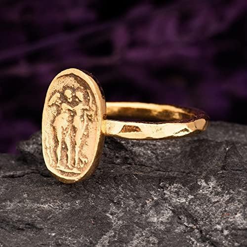 Anello con moneta d'angelo, anello con moneta romana antica, anello con moneta con sigillo. Anello in argento greco antico placcato oro 24 carati.