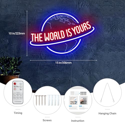 Image of The World Is Yours Neon Sign, Remote Dimmer Planet LED Neon Light Lamp for Wall Decor, USB Power for Man Cave Home Bar Bistro Club Cafe Wedding Game Room Bedroom Birthday Gift Graduation Party