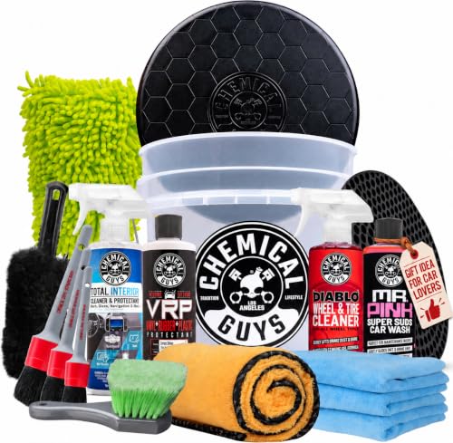 Chemical Guys 17-Piece Car Detailing Kit, Interior & Wheel Cleaner & Wash | All-in-one set for weekend and first-time users, brushes, bucket and pro-grade soap lift dirt from seats, rims and paint