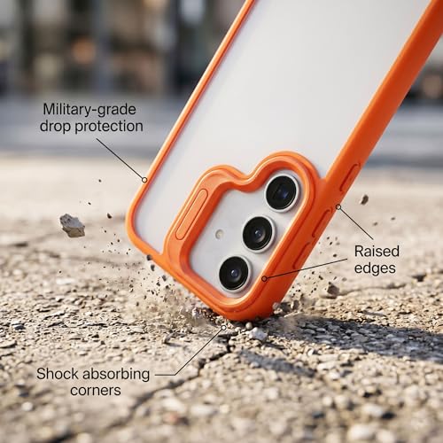 Image of amazon basics Frosted Matte Case for Samsung Galaxy S24 5G | Built-in Flip-Out Camera Lens Stand | Translucent Back with Contrast Orange Bumper | Shockproof Protective Cover with Foldable Kickstand
