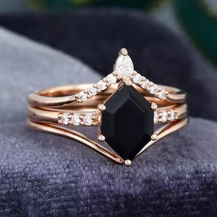Hexagon Black Onyx Wedding Ring Set 925 Sterling Silver 2 Piece Black Gemstone Ring Set For Women Bridal Ring Set Unique Bridal Ring Set For Wife Birthday Present