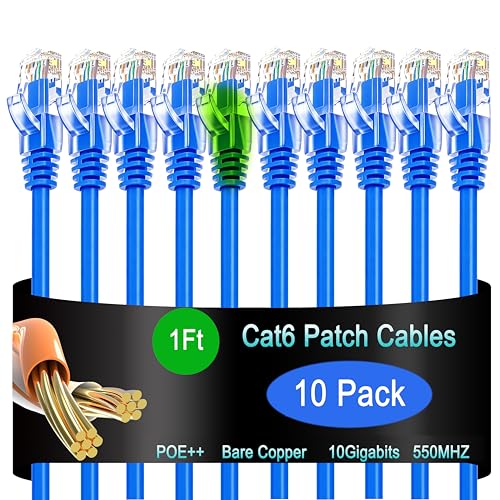 Image of Cat6 Ethernet Cable 1 ft (10 Pack) - 10G Network Patch Cable for Data Centers, Home and Enterprise Networks - Blue