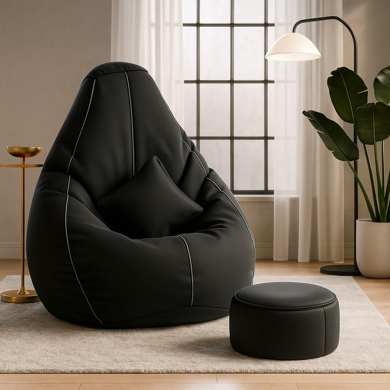 Biggie Bean Bag Chair 4XL with Beans Filled-Piping Luxe Set- Bean Bag with 3D Piping-Crafted for Comfort-Styled for Elegance with Free Cushion & Footrest (Matching Color : Piping, Black Light-Grey)