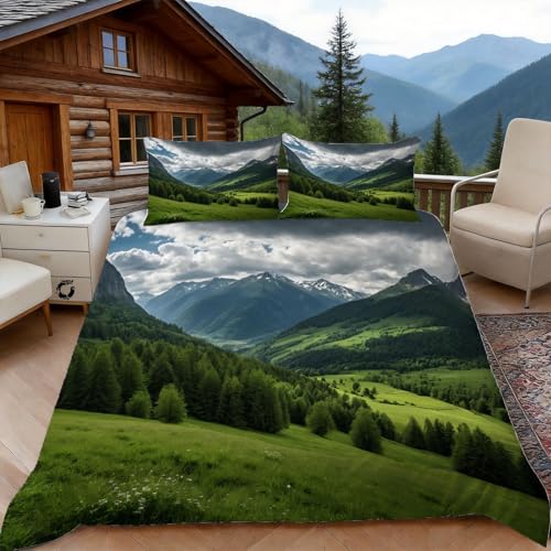 Housse de Couette 240 x 260 Les Montagnes, 2 Personnes, Parure de Lit Style Montagne Microfibre avec 2 x Taie d'oreiller 65x65 cm avec Fermeture éclair