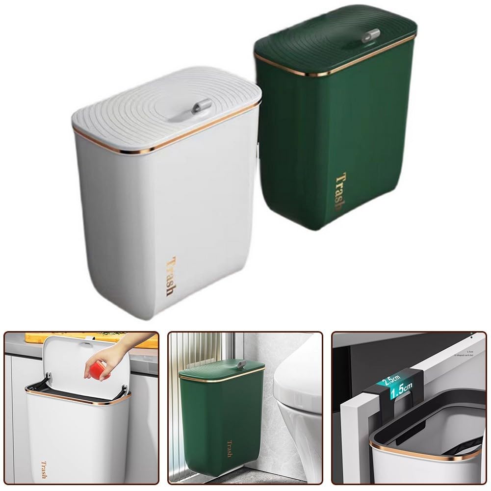 Poubelle suspendue de 9 L avec couvercle pour portes d'armoires et placards pour cuisine, salle de bain et sous évier (vert)