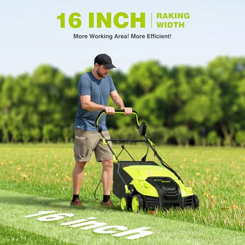 16-Inch Electric Dethatcher and Scarifier, YERYORK 2-in-1 Scarifier and Lawn Dethatcher with Powerful 15.5 AMP Motor 14.5Gal Collection Bag 5-Position Depth Foldable Handle for Lawns(Light Green)