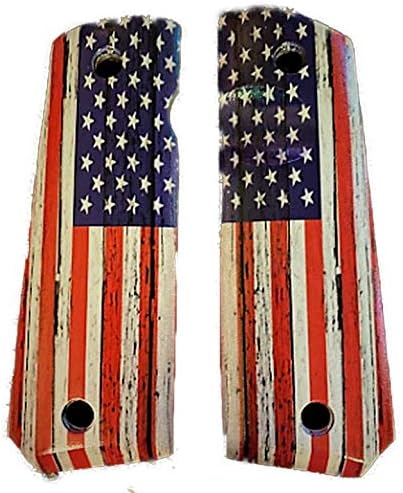 Premium Gun Grips Full Size 1911 Grips Compatible Replacement for Colt Gov & Clones UV Printed HD Image of Rustic 'OL Glory US Flag Over Diamond Wood Laminate