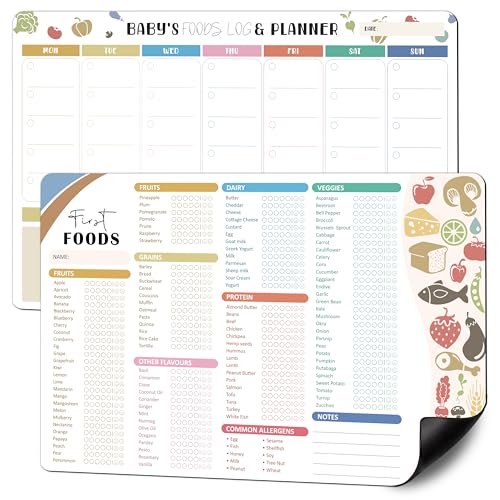 Image of BIROYAL 2 Pcs Baby First Foods Tracker Fridge Magnet, Led Weaning Supplies, 101 Foods Checklist Before One & Daily Food Log, Baby Feeding Essentials: Track New Tastes & Plan Meals Your Baby Loves