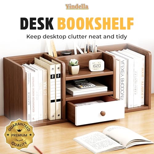 Image of Yindella Desk Bookshelf Organizer for Table Wooden Tabletop Rack for Books Files & Stationery Compact Storage Shelf for Study Office Table Size L60 x W22 x H7 cm