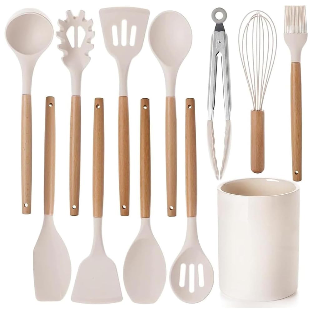 Juego de espátulas de Olla de Silicona de 12 Piezas con Mango de Madera, Cuchara, espátula, Utensilios de Cocina, Resistente al Calor, Recubrimiento Antiadherente