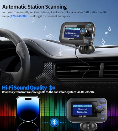 Adaptador Dab para Radio de Coche, Adaptador Dab Bluetooth Coche con TF, FM Transmisor Bluetooth Coches con Manos Libres Blueteeth, Adaptadores Radio Dab+ Reproductor de Música+Aux In/out - imagen 2