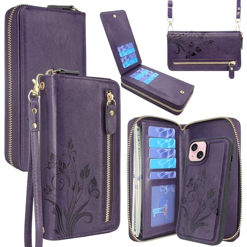 Lacass Case Wallet Compatible with iPhone 15 / iPhone 14 / iPhone 13, Crossbody Dual Zipper Detachable Leather Wallet phone case Cover (Floral Dark Purple)