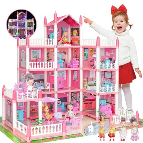 Doll House Set for Girls Princess House Toys with Doll Furniture and 14 Rooms Pretend Play Dreamhouse DIY Dollhouse with Light Strip for Kids Building Dolls Playset Toys Kit Gift for Ages 6+