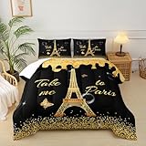 lneffble Black Gold Paris Eiffel Tower Comforter Set,Romantic Paris Twin Comforter Set for Women Couple,Girls Butterfly Eiffel Tower Print Bedding Set,Modern French Paris Quilt Set