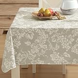 Grapevines Contemporary Grape Print Heavy 4 Gauge Vinyl Flannel Backed Tablecloth, Indoor/Outdoor Wipe Clean Tablecloth, 60 Inch x 120 Inch Oblong/Rectangle, Ivory