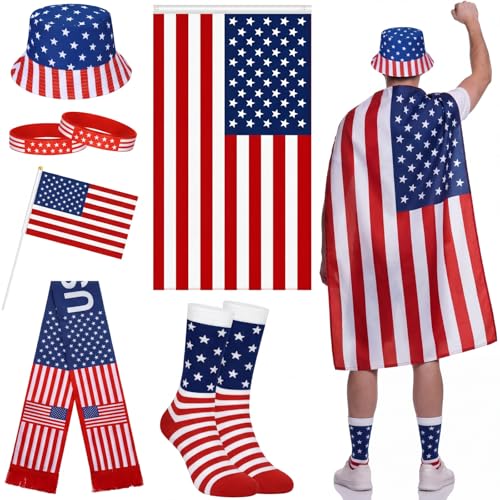Newcotte 2026 Soccer Fan Support Kit 3x5 ft Soccer Country Flag with Patriotic Country Cape Socks Scarf Hat Wristbands Hand Wave Flag for Sport Party Fans Cheering Accessories(American)