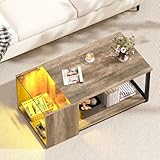 SOROGRA Coffee Table for Small Living Room, Modern Center Tables with Storage 35.4 Inch, Rectangular Glass Top Table with LED Light, Grey