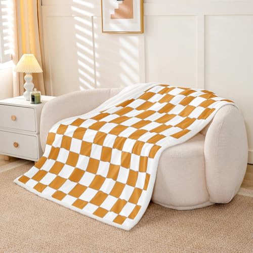 Image of Erosebridal White Orange Checkered Fleece Bed Blanket Throw 50 inchX60 inch Buffalo Plaid Grid Throw Blanket,Checkerboard Sherpa Blanket for Kids Adults Men Women Aesthetics Gingham Flannel Blanket