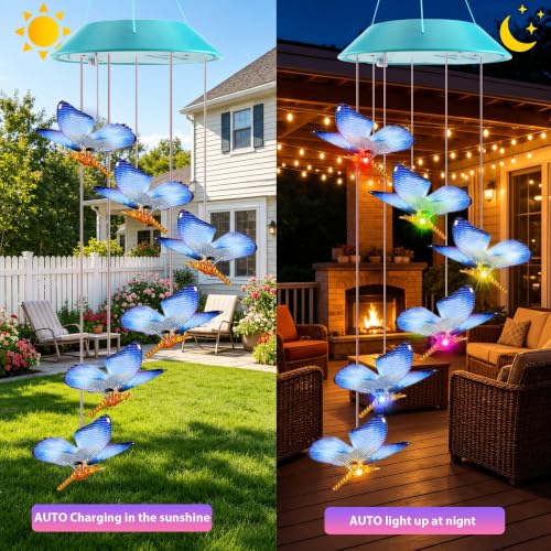Image of Toodour Solar Wind Chime, Color Changing LED Swaying Butterfly Wind Chimes, Upgrade Butterfly with Fluttering Wings, Waterproof Solar Outdoor Light Decor for Garden Window Patio, Gift for Mom Grandma
