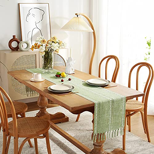 Chassic Rustic Farmhouse Style Linen Table Runner, Boho Handmade Tassel Embroidered Table Runners 72 Inches Long For Holiday Party, Christmas And Dining Decorations, 13 X 72 Inch - Sage Green #TOP2