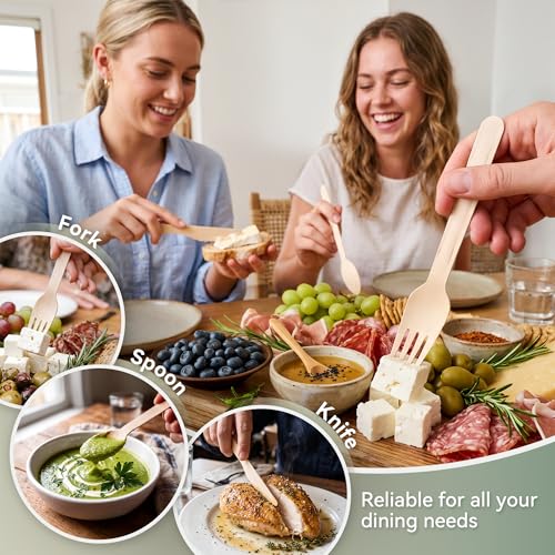 360 Count Disposable Utensils for Party: Extra Heavy Duty Wooden Disposable Cutlery Set - Large Pack 180 Forks,120 Spoons,60 Knives and Individually Wrapped - Everyday Use Picnics Wedding Supplies — view 4