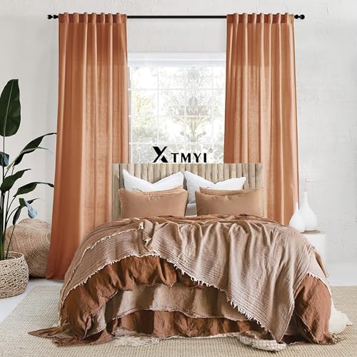 Image of XTMYI Terracotta 90 Inch Length 2 Panels Back Tab /Hook Belt Linen Cotton Sheer Curtains for Bedroom Set