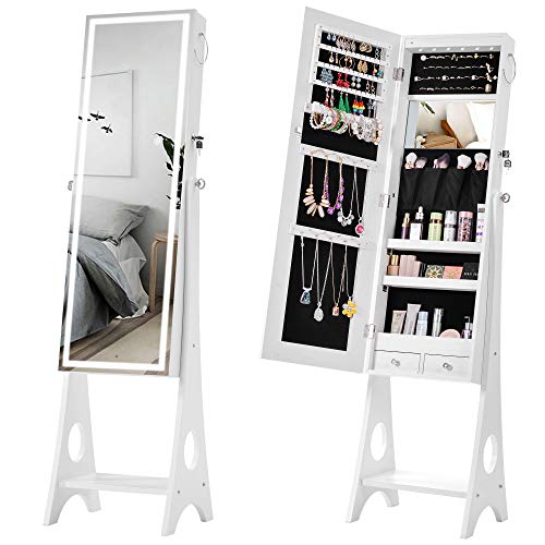 Fashion Simple Jewelry Storage Mirror Cabinet, Jewelry Cabinet Box Armiore LED Light for Earring, Bracelet, Necklace, Living Room or Bedroom (White) (White)