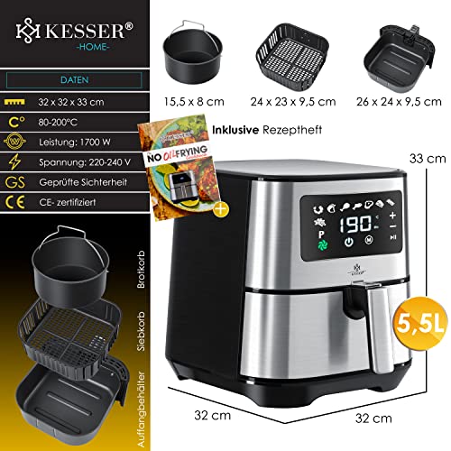 Foto von KESSER® XXL 5,5 Liter Heißluftfritteuse Edelstahl |1700W Fritteuse Airfryer | Touch Display | 8 Programmen | ohne ÖL | Backofen | Fettfrei |Heißluft | Grill | Inkl. Brotbackkorb & Rezeptebuch Silber