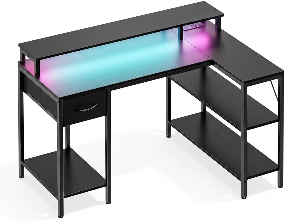 47in L-Shaped Corner Desk with LED Lights and Power Outlets, Modern Black Gaming Computer Desk with Storage Shelves and Drawer