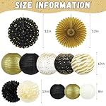 14Pcs Black and Gold Party Decorations, Hanging Paper Lanterns Fans Tissue Flower Pom Poms for Graduation Decorations 2026, Men Women 40th 50th 60th Birthday Retirement Party Supplies - Image 2