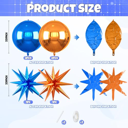 Image of 6pcs 22 inch Blue and Orange Star Balloons and 4D Large Foil Balloons, Dark Blue Foil Star Balloon Orange 4D Aluminum Balloon For Birthday Baby Shower Party Wedding Anniversary Engagement Decoration
