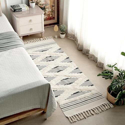 Image of Hand Woven 100% Natural Cotton Export Quality Designer Rug,Carpet, Bed Side Runner for Bedroom,Living Room, Size-2x5 feet or 60 cms x 152 cms (Black Zigzag)