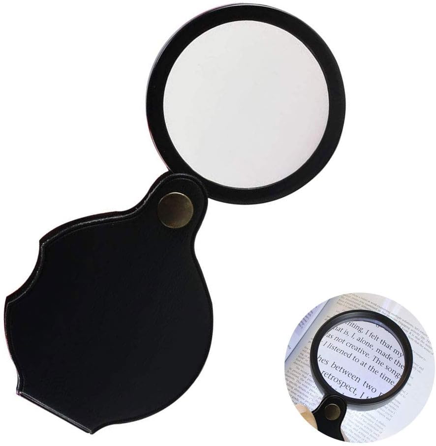 FOGAWA 10x Folding Pocket Size Magnifying Glass Leather Portable Pocket Magnifier Magnifying Lens with Rotating Protective for Reading Book Newspaper Map