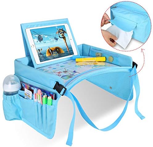 MODOKIT Travel Activity Tray for Toddler Car Seat Stroller - Portable Food & Snack Lap Tray, Car Seat Table Storage Organizer with Waterproof & Erasable Surface and Sturdy Tablet Holder & Tissue Box
