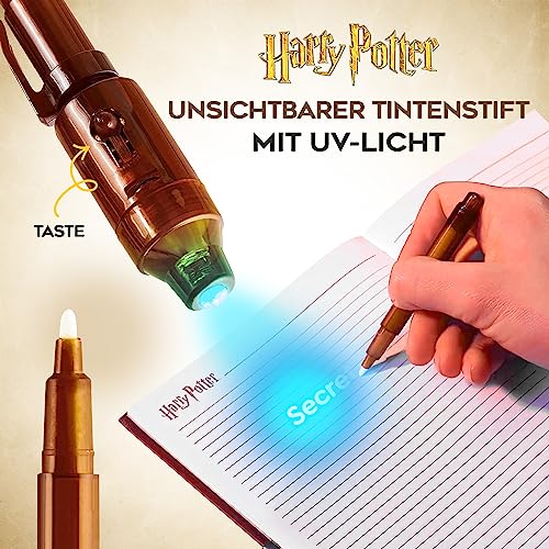 Harry Potter Notizbuch Set für Kinder, Fans, Tagebuch mit Schloss und Geheimstifte, Schreibwaren Set, Schulsachen (Braun UV-Stift)