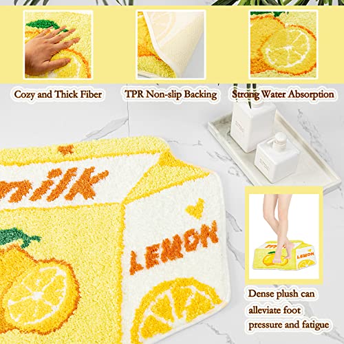 Lemon Fruit Bath Mat For Bathroom Rugs Cute Yellow Absorbent Non Slip Fruit Lemon Bath Rug Milk Cartoon Shaped Fun Plush Microfiber Shower Rug Washable Carpet Fluffy Bathtub Mat Decorative #TOP2