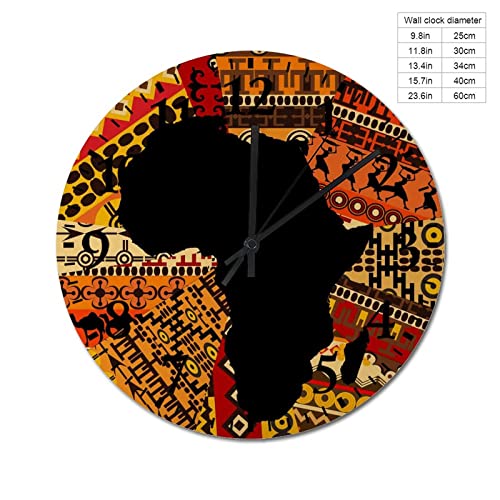 Africa Map On Ethnic Pattern 12" Wooden Clock Silent Quartz Wall Clock Non-Ticking Digital Decorative Fashion Round #TOP1